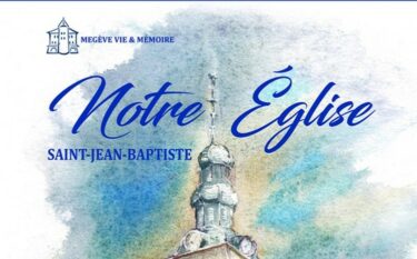 Couverture du livre Notre Église Saint-Jean-Baptiste, logo de l'association Megève Vie et Mémoire